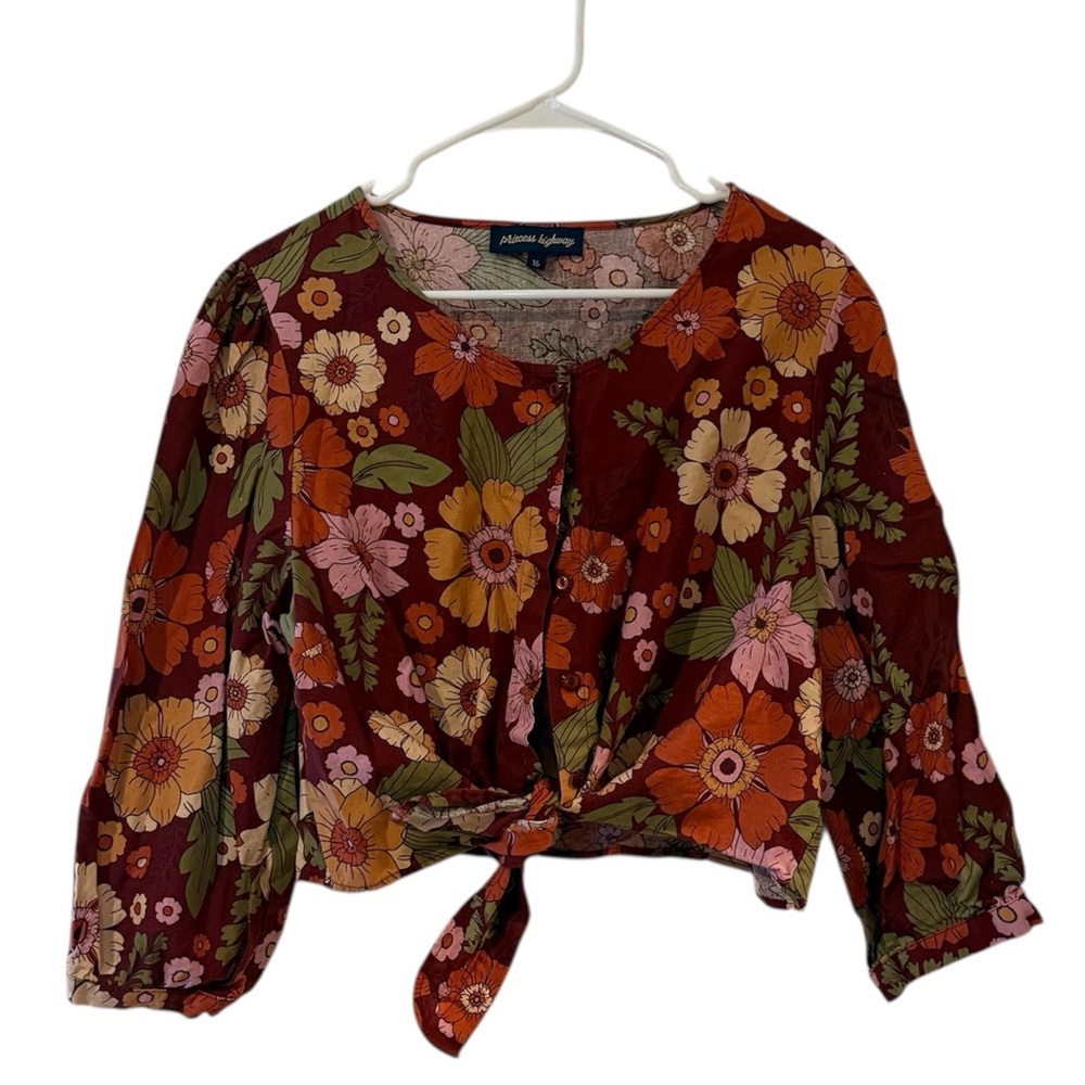 Princess Highway Orange Fall Multicolor Floral Tie Front Blouse Boho Hippie 70s